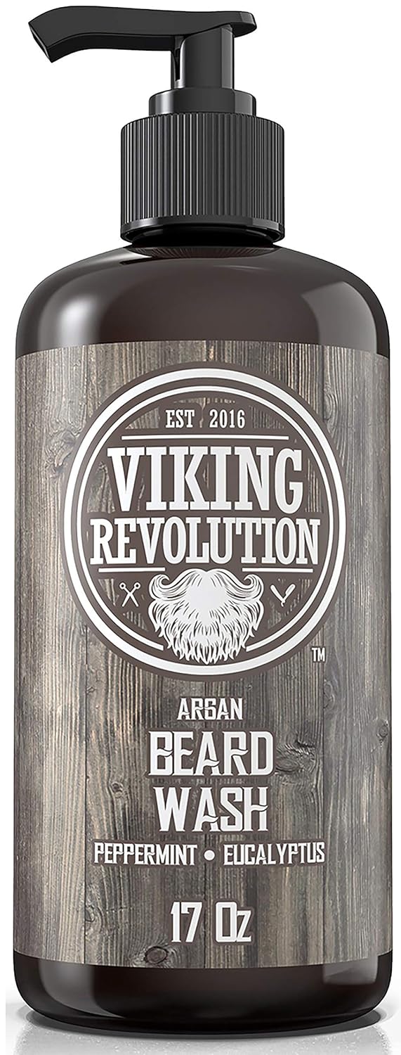 Beard Wash Shampoo w/Argan & Jojoba Oils - Softens & Strengthens - Natural Peppermint and Eucalyptus Scent - Beard Shampoo w/Beard Oil (17 oz Shampoo)