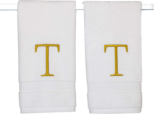 Monogrammed Hand Towels for Bathroom - Luxury Hotel Quality Personalized Initial Decorative Embroidered Bath Towel for Powder Room, Spa - GOTS Organic Certified - Set of 2 Gold Letter T