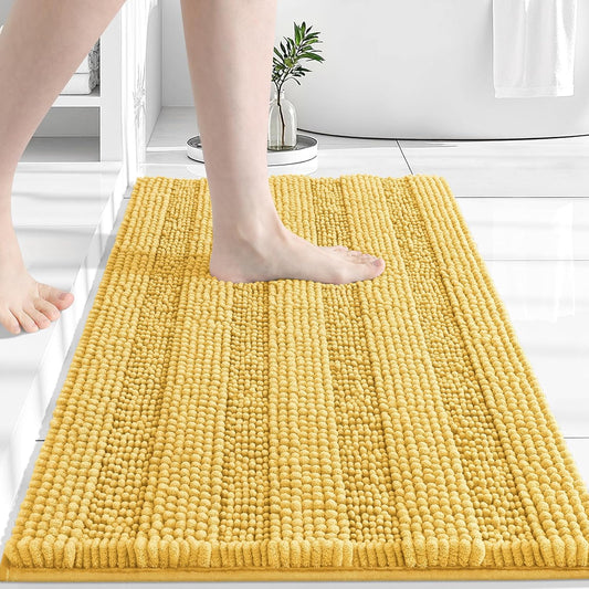Grandaily Chenille Striped Bathroom Rugs 30x20, Extra Thick and Absorbent Bath Mats, Non-Slip Soft Plush Shaggy Shower Carpet, Machine Wash Dry, Bath Rug for Bathroom, (Medium, Yellow)