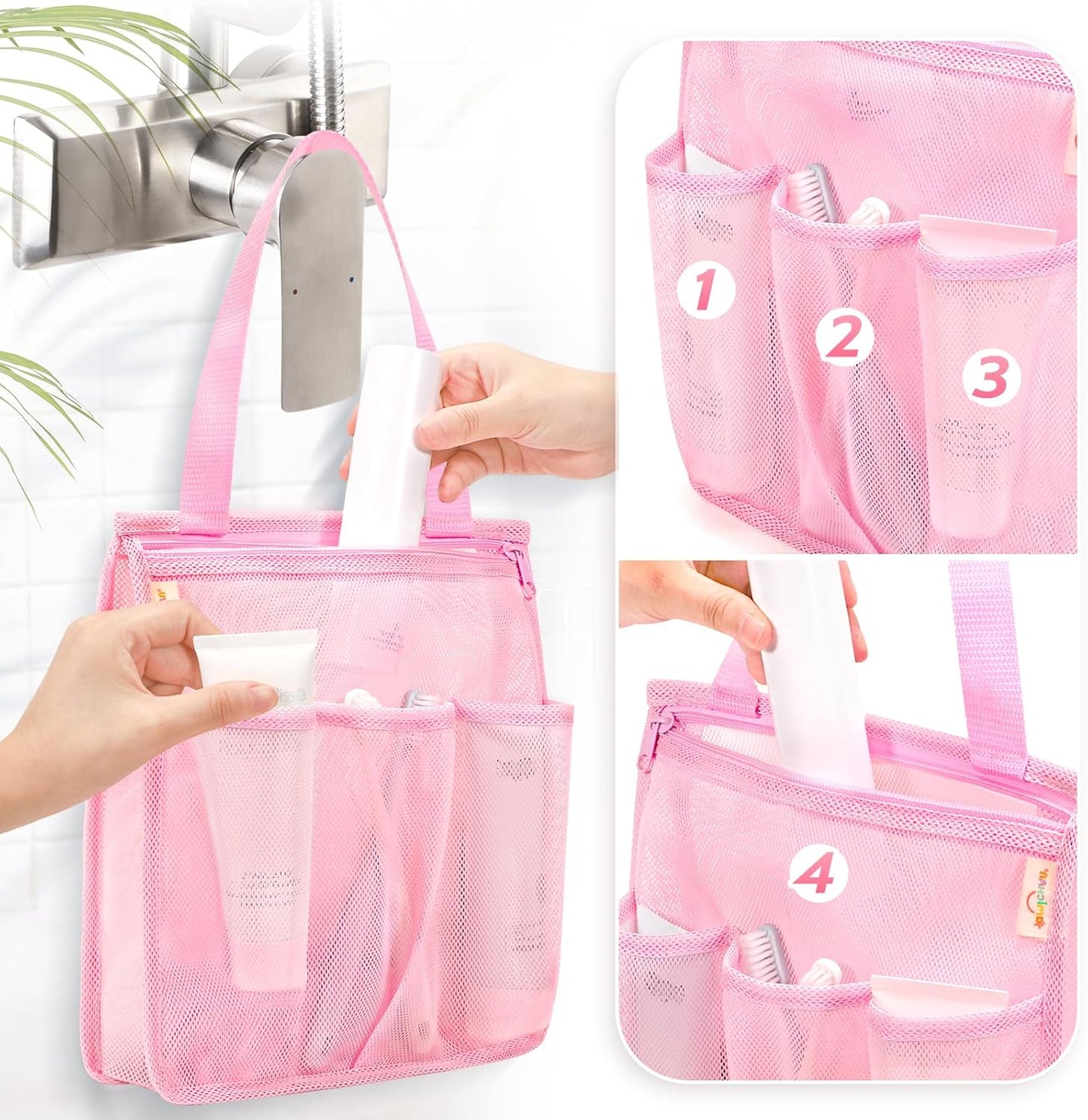 Mesh Shower Caddy Portable, Gym Travel Camp Dorm Room Essentials for Women and College Girl, Pink Bathroom Shower Bag