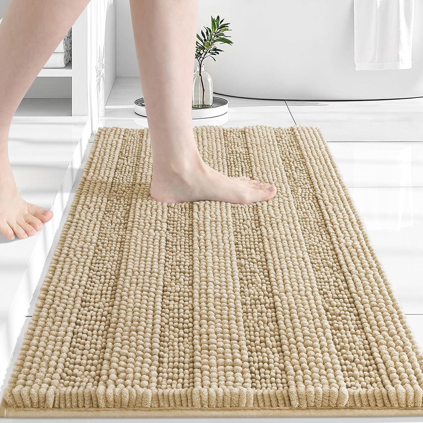 Grandaily Chenille Striped Bathroom Rugs 24x16, Extra Thick and Absorbent Bath Mats, Non-Slip Soft Plush Shaggy Shower Carpet, Machine Wash Dry, Bath Rug for Bathroom, (Small, Beige)