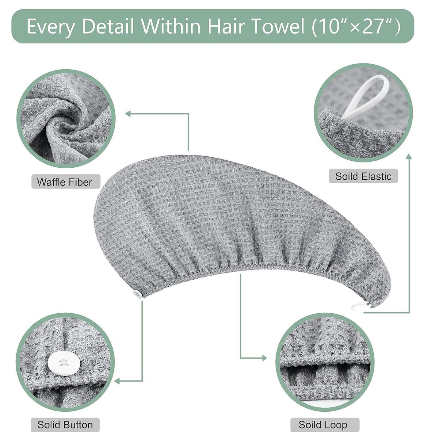 Microfiber Hair Drying Towel - 2Packs Waffle Long Hair Head Turban Wraps Terry Cloth Fast Absorbent Dry Anti Frizz Twist Plopping Curly Shower Turban for Women Wet Hair (Gray)