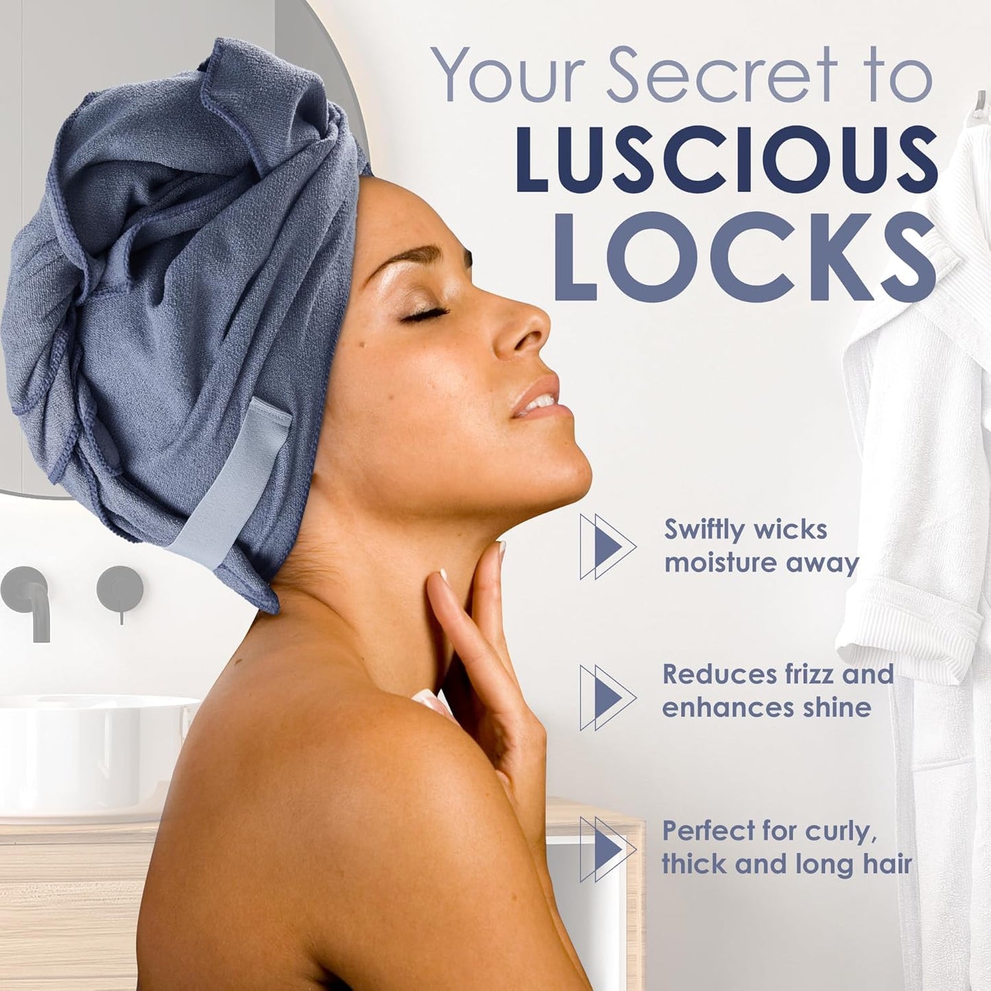 Large Microfiber Hair Towel Wrap for Women (27x40 Inches). Anti Frizz Rectangle Drying Towel with Elastic Band for Long, Curly, and Thick Hair. Includes Reusable Carry Bag (Bright White)