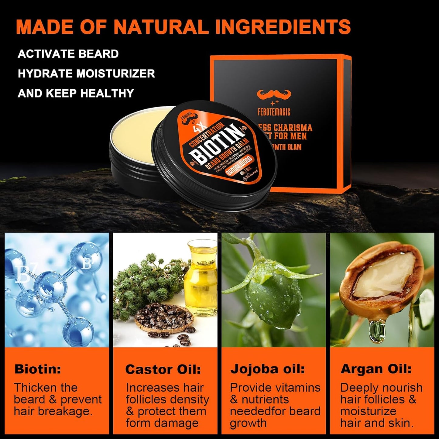 Biotin Beard Growth Balm for Men – Conditioning Balm with Castor, Shea & Jojoba Oils to Condition, Soften & Thicken Facial Hair – Non-Greasy, Sandalwood Scent – 2 oz Grooming Kit