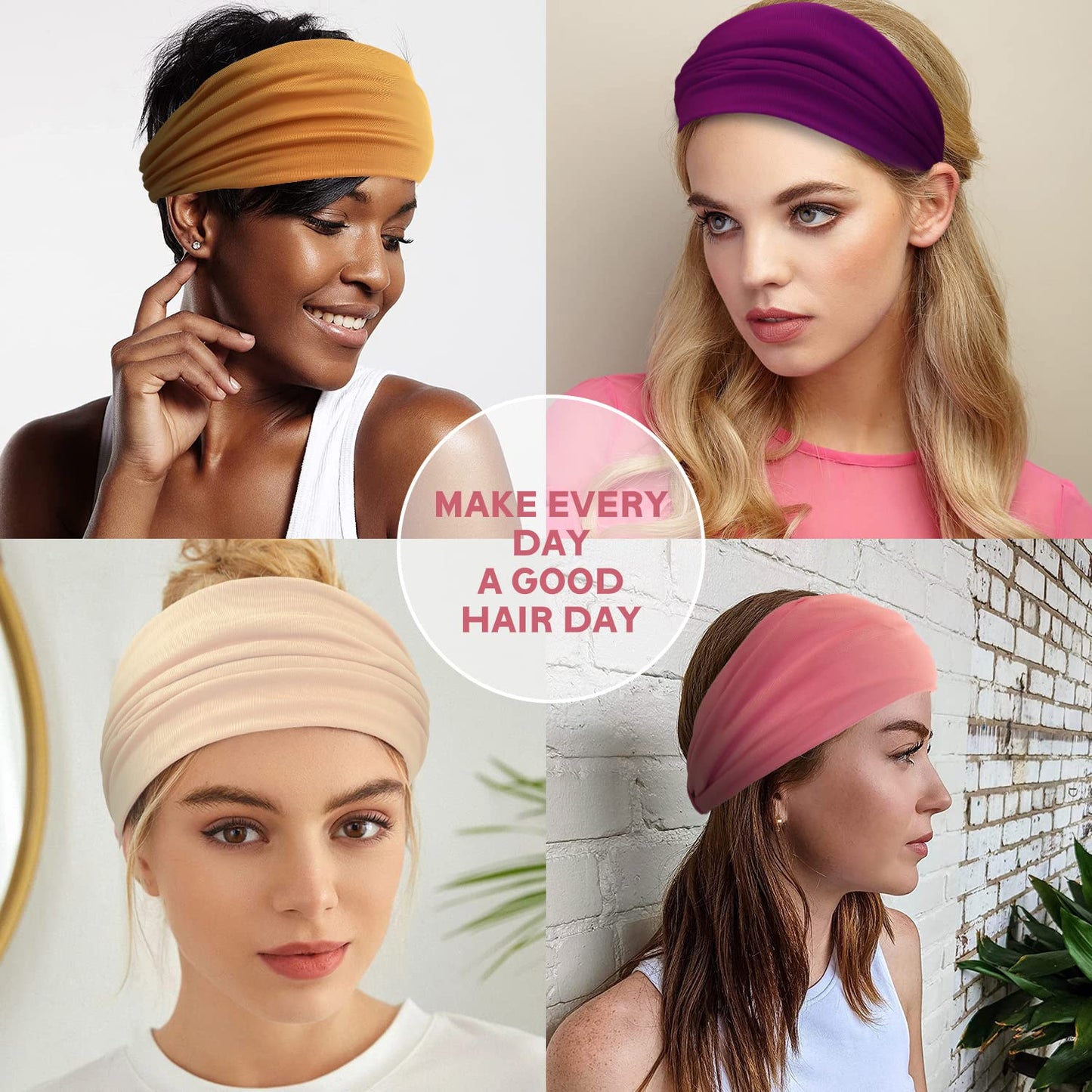Yeshan Wide Headbands for Women - No Slip African Boho Solid Bandana Elastic Yoga Workout Sweat Bands Running Sport Turban Knotted Headwraps, Pack of 6