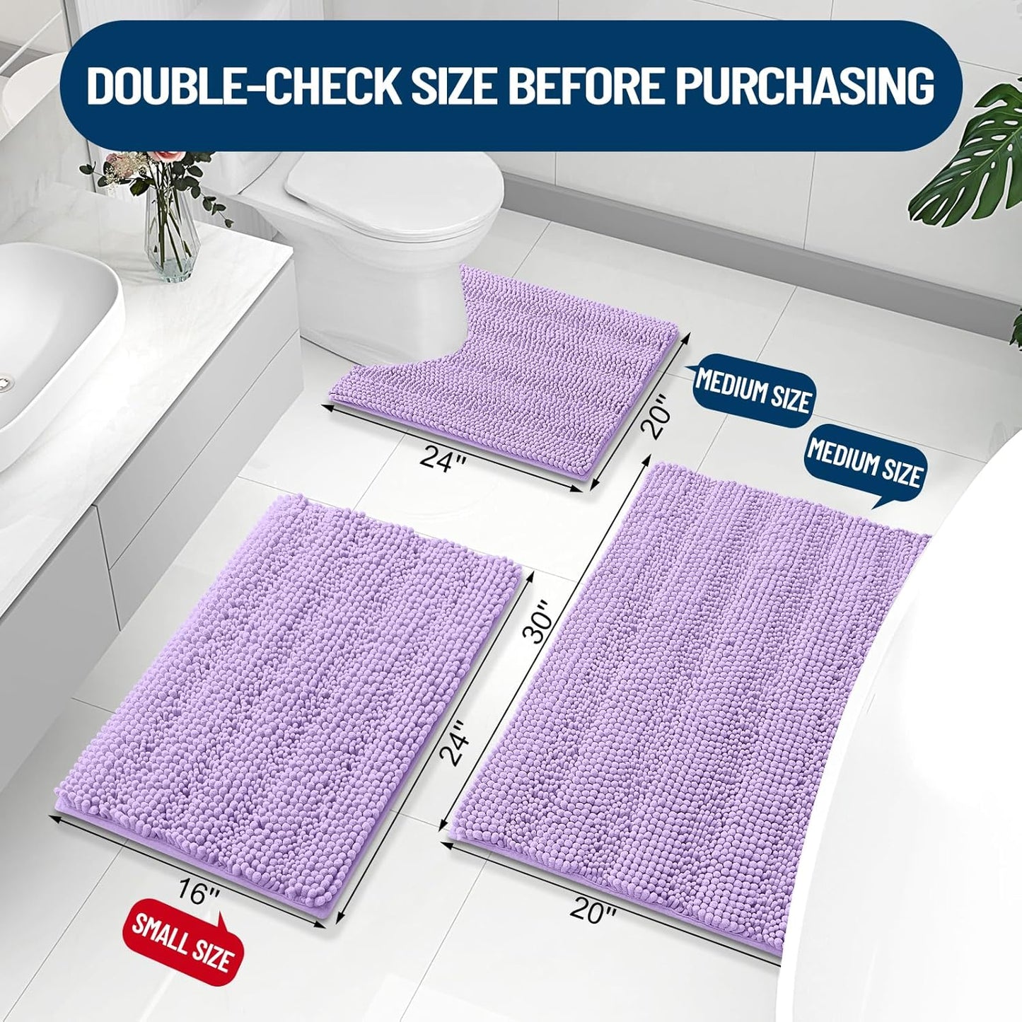 Grandaily Chenille Striped Bathroom Rugs 47x24, Extra Thick and Absorbent Bath Mats, Non-Slip Soft Plush Shaggy Shower Carpet, Machine Wash Dry, Bath Rug for Bathroom, Purple
