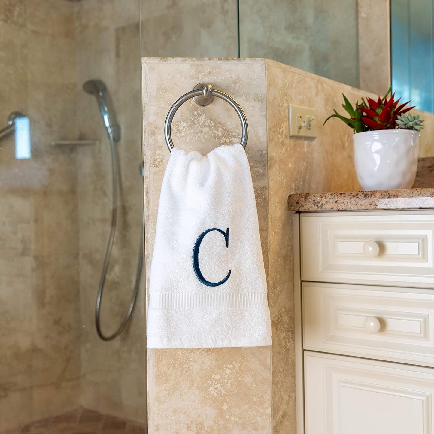 Monogrammed Hand Towels for Bathroom - Luxury Hotel Quality Personalized Initial Decorative Embroidered Bath Towel for Powder Room, Spa - GOTS Organic Certified - Set of 2 Navy Letter C