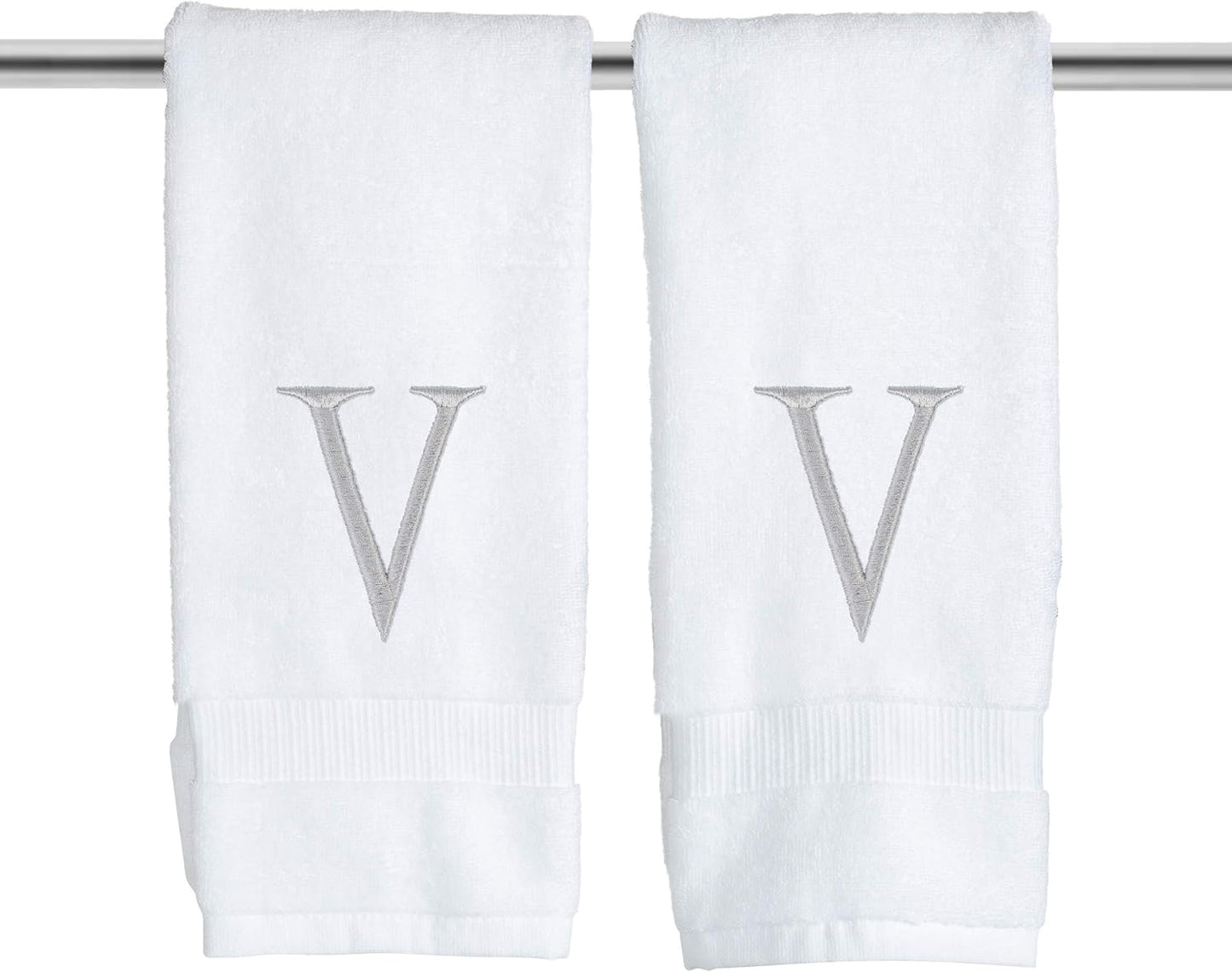 Monogrammed Hand Towels for Bathroom - Luxury Hotel Quality Personalized Initial Decorative Embroidered Bath Towel for Powder Room, Spa - GOTS Organic Certified - Set of 2 Letter V