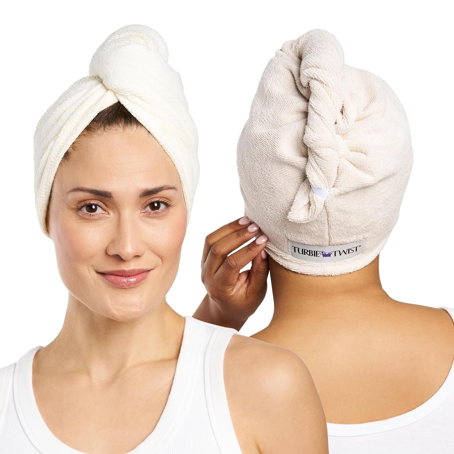 Turbie Twist 2-Pack Microfiber Hair Towel for Beauty, Travel, Gifting - Wrap Turban for Straight, Wavy & Curly Hair - Premium Personal Care - Antique White & Moonbeam