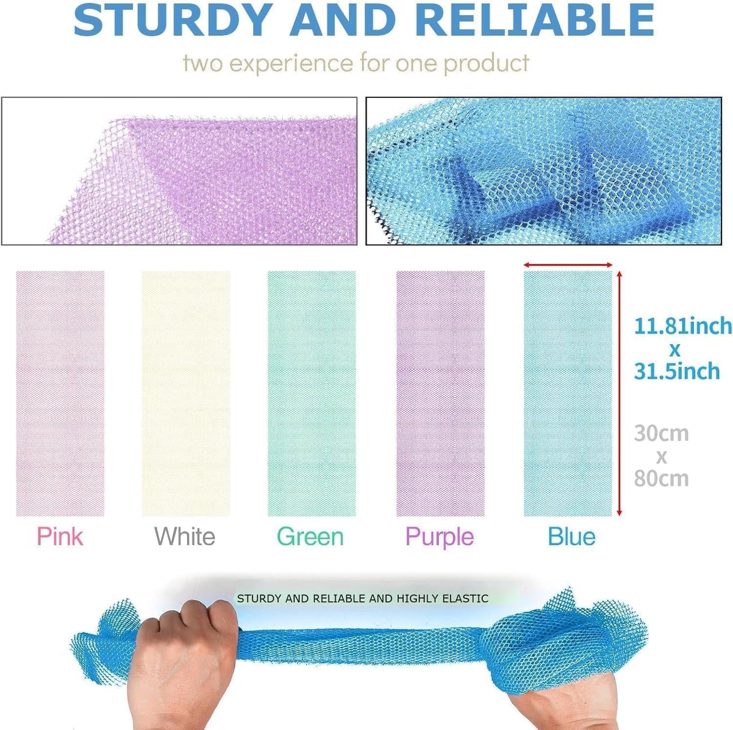 UJFQBH 5 Pieces African Bath Sponge African Net Long Net Bath Sponge Exfoliating Shower Body Scrubber Back Scrubber Skin Smoother,Great for Daily Use (Purple, Pink, Green, Blue, White)