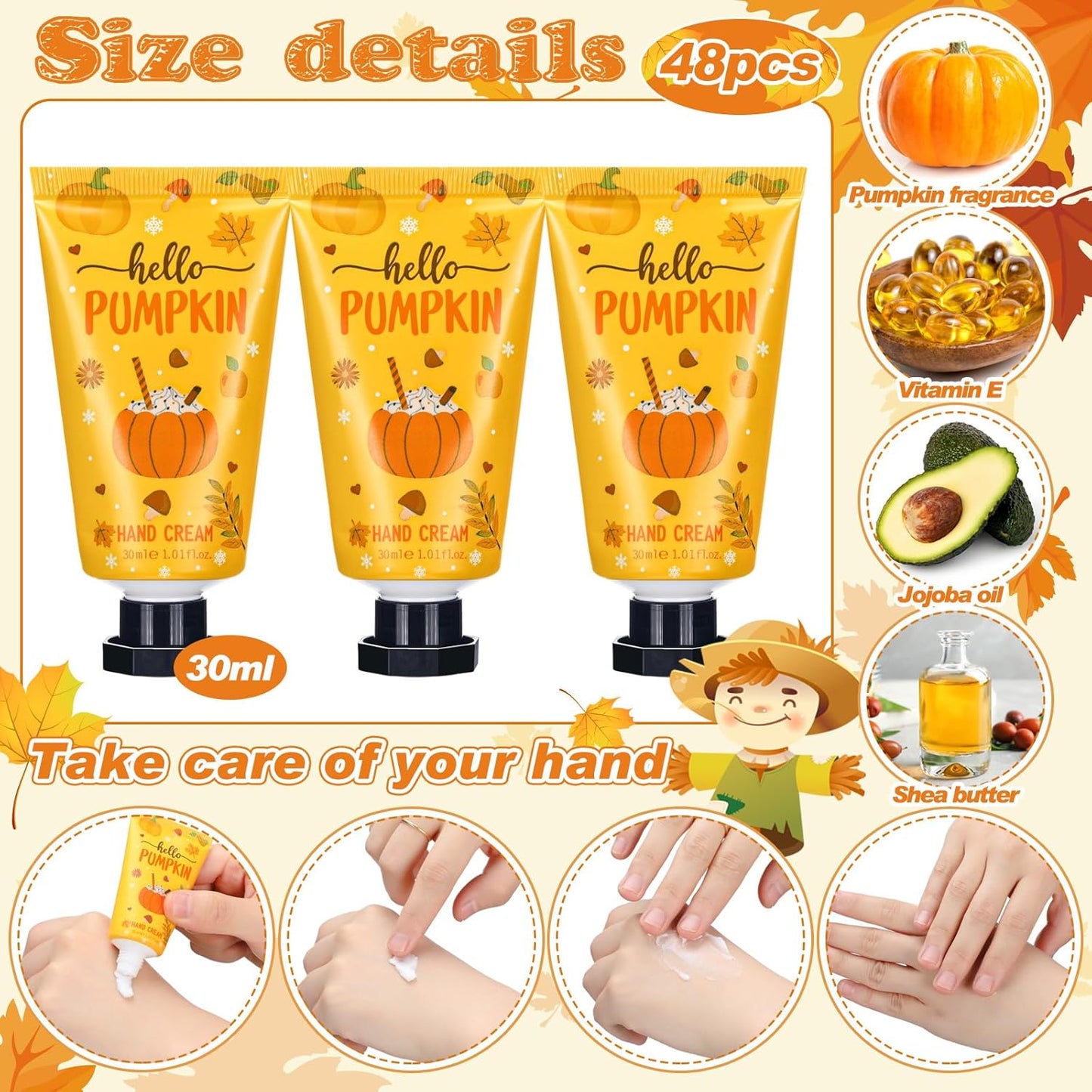 48 Sets Hello Pumpkin Hand Cream Gifts Bulk Fall Thanksgiving Hand Cream Travel Lotion Size Bulk Fall Party Supplies Favors Pumpkin Holiday Birthday Wedding Baby Shower for Guest Party Gifts