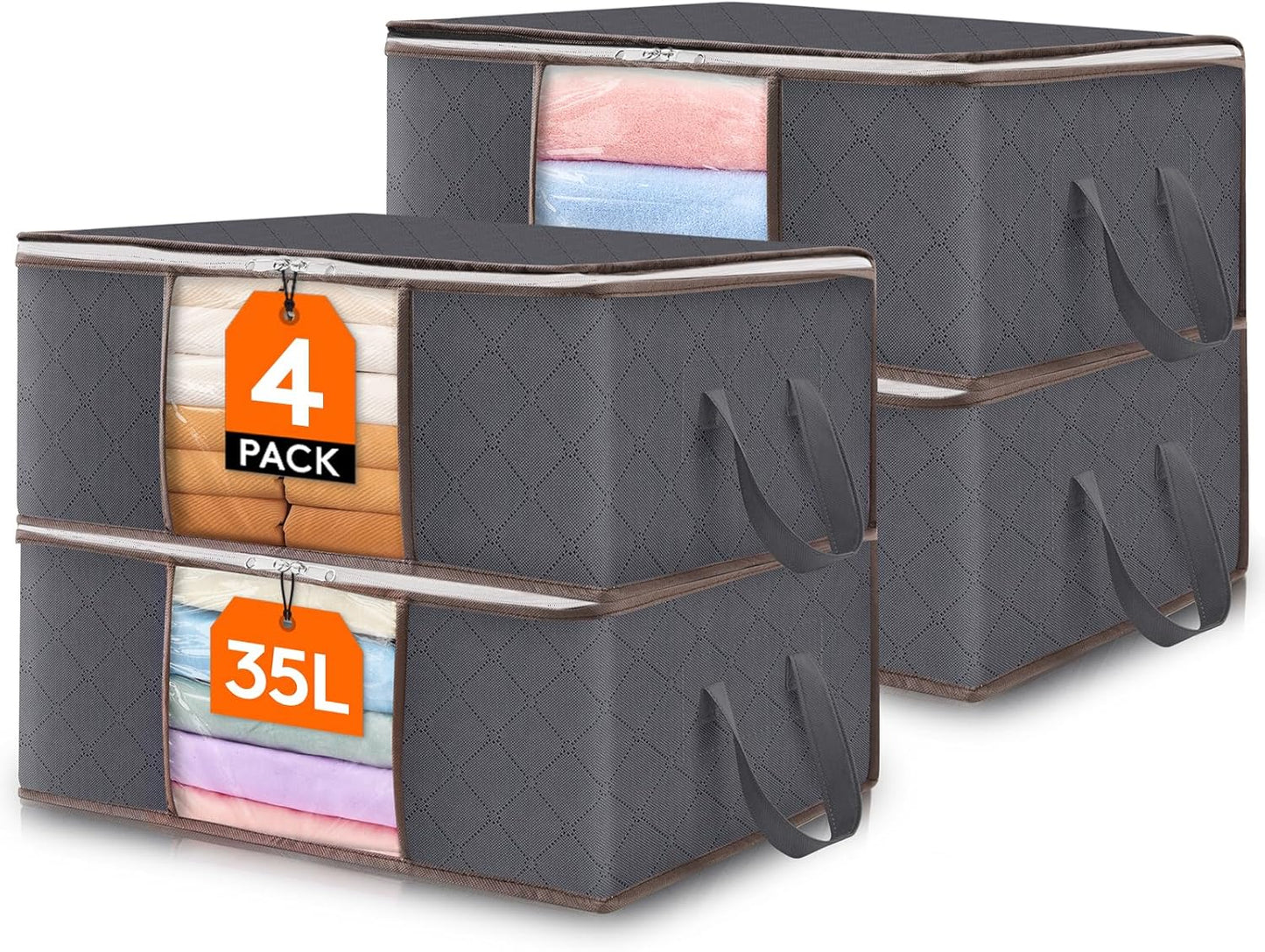 Lifewit 4 Pack Clothes Storage Bag, Foldable Storage Bin Closet Organizer with Reinforced Handle, Sturdy Fabric Blanket Storage with Clear Window, Storage Containers for Clothing, Bedding, Gray