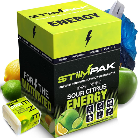 Shower Steamers | Energy | XL 80g Long Lasting | Caffeine, B12, Ginseng, & Menthol | Gift for Men & Women | Extra Strength Aromatherapy for Focus & Productivity | Sour Citrus | STiiMPAK (8 Pack)