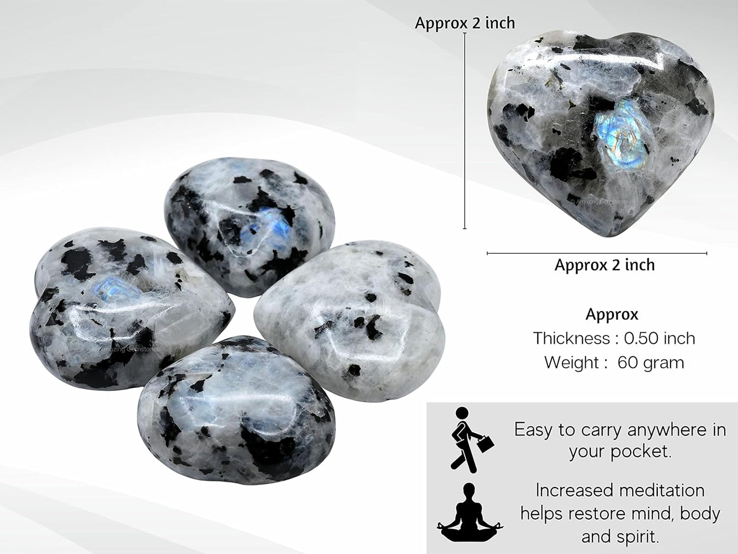 Amazing Gemstone Rainbow Moonstone Crystal Heart Palm Stone - Pocket Massage Worry Stone for Natural Body Chakra Balancing, Reiki Healing and Crystal Grid