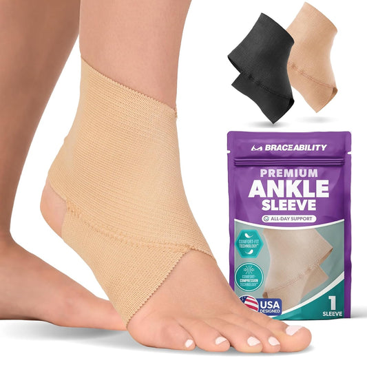 BraceAbility Elastic Ankle Support Brace - Lightweight Slip on Foot and Ankle Compression Sleeve for Gymnastics, Dance, Sports, Running, Exercise, and Sprained Ankle Swelling for Women and Men (Beige, Medium)