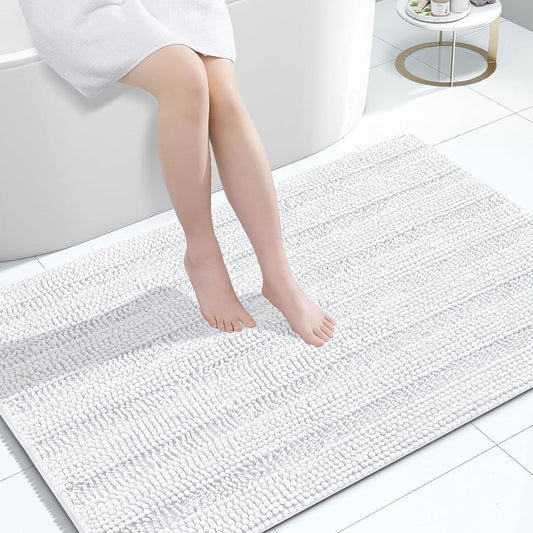 Grandaily Chenille Striped Bathroom Rugs 47x32, Extra Thick and Absorbent Bath Mats, Non-Slip Soft Plush Shaggy Shower Carpet, Machine Wash Dry, Bath Rug for Bathroom, White