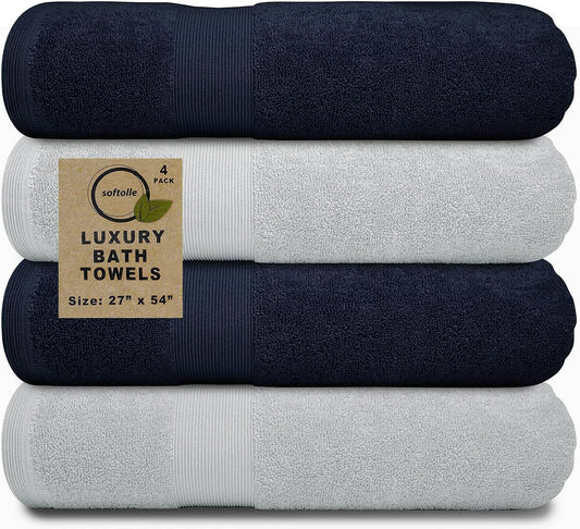 Softolle Luxury Bath Towels Set of 4 (27” x 54”) | Towels for Bathroom | Super Soft | Highly Absorbent Towels for Home, Spa, Gym (Silver Grey-Navy Blue)