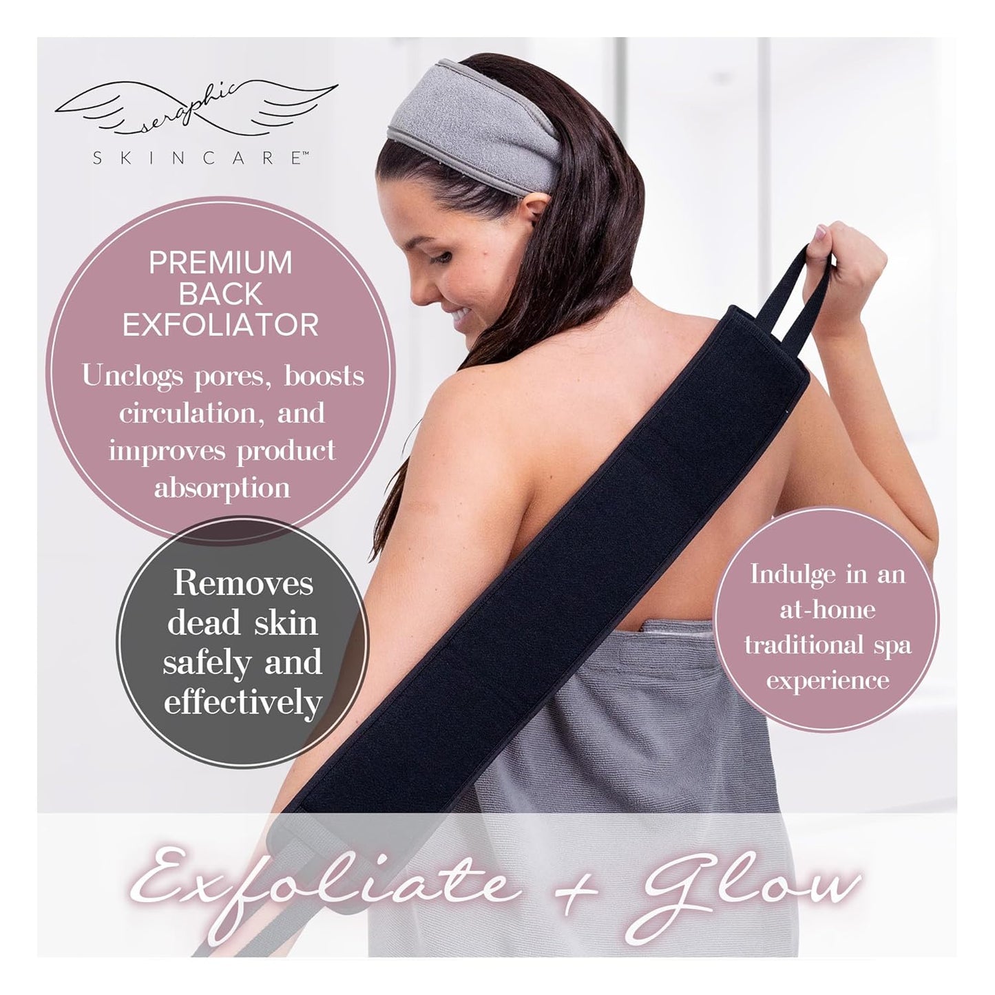 Seraphic Skincare Premium Back Exfoliator – Dual-Sided Back Scrubber for Men & Women – 100% Vegan – Viscose Side for Deep Exfoliation, Mesh & Washcloth Side for Cleansing – Bacne Prevention