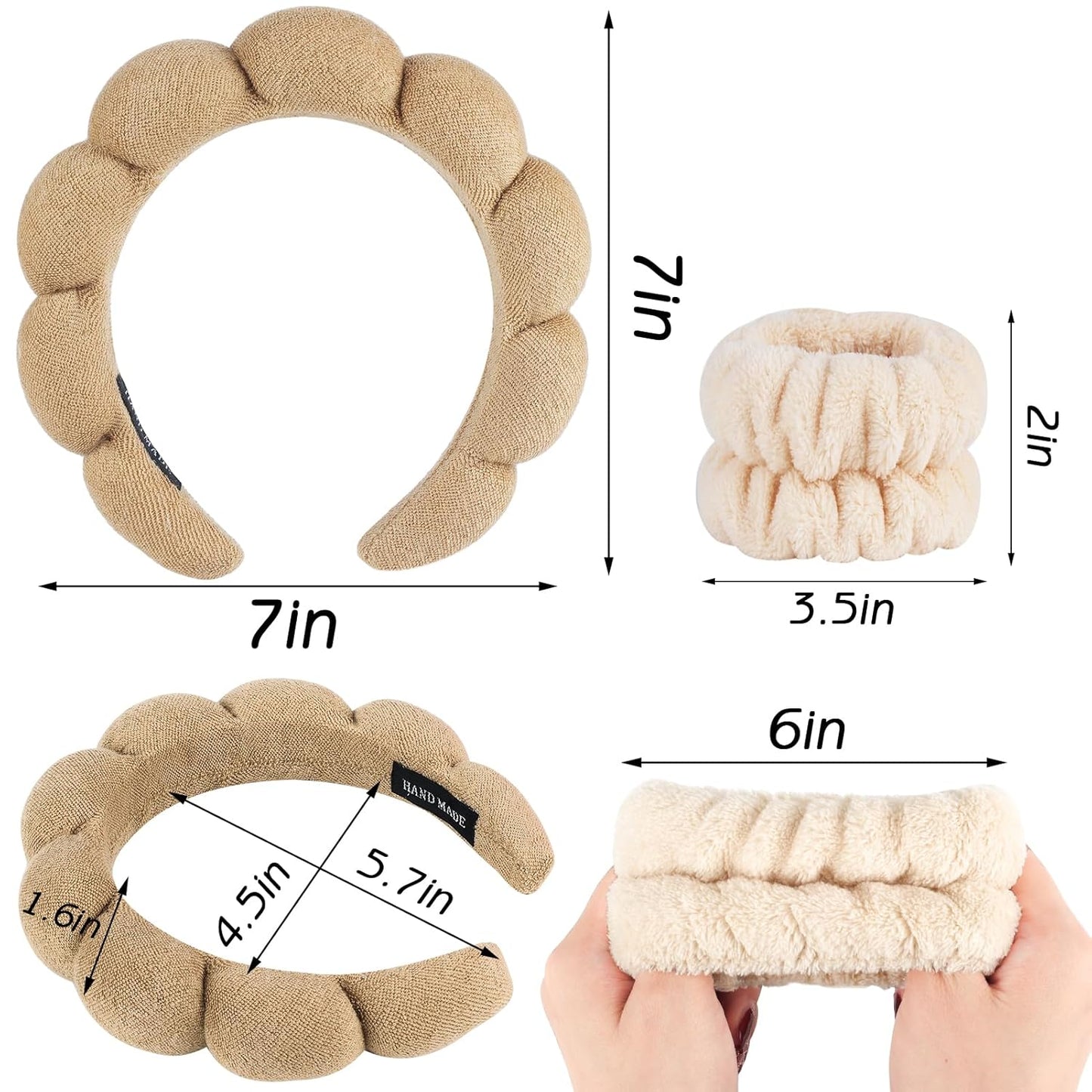 Zkptops Spa Headband for Washing Face Wristband Set Sponge Makeup Skincare Terry Cloth Bubble Soft Get Ready Hairband for Women Girl Puffy Padded Headwear Non Slip Thick Hair Accessory(Brown)