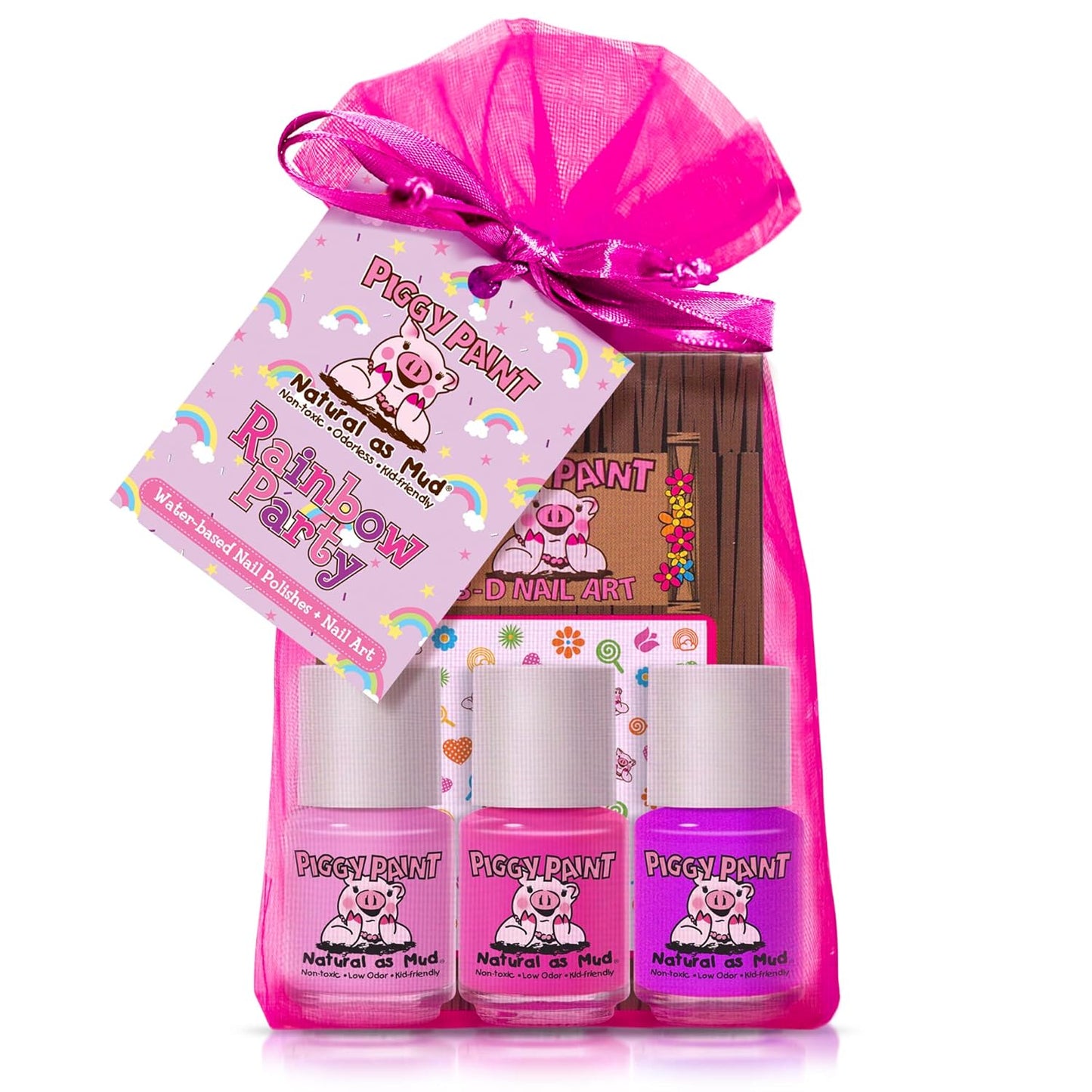 Piggy Paint | 100% Non-Toxic Girls Nail Polish | Safe, Cruelty-free, Vegan, & Low Odor for Kids | Rainbow Party (3 Polish + Nail Art Gift Set)