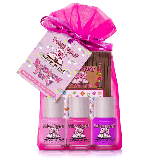 Piggy Paint | 100% Non-Toxic Girls Nail Polish | Safe, Cruelty-free, Vegan, & Low Odor for Kids | Rainbow Party (3 Polish + Nail Art Gift Set)