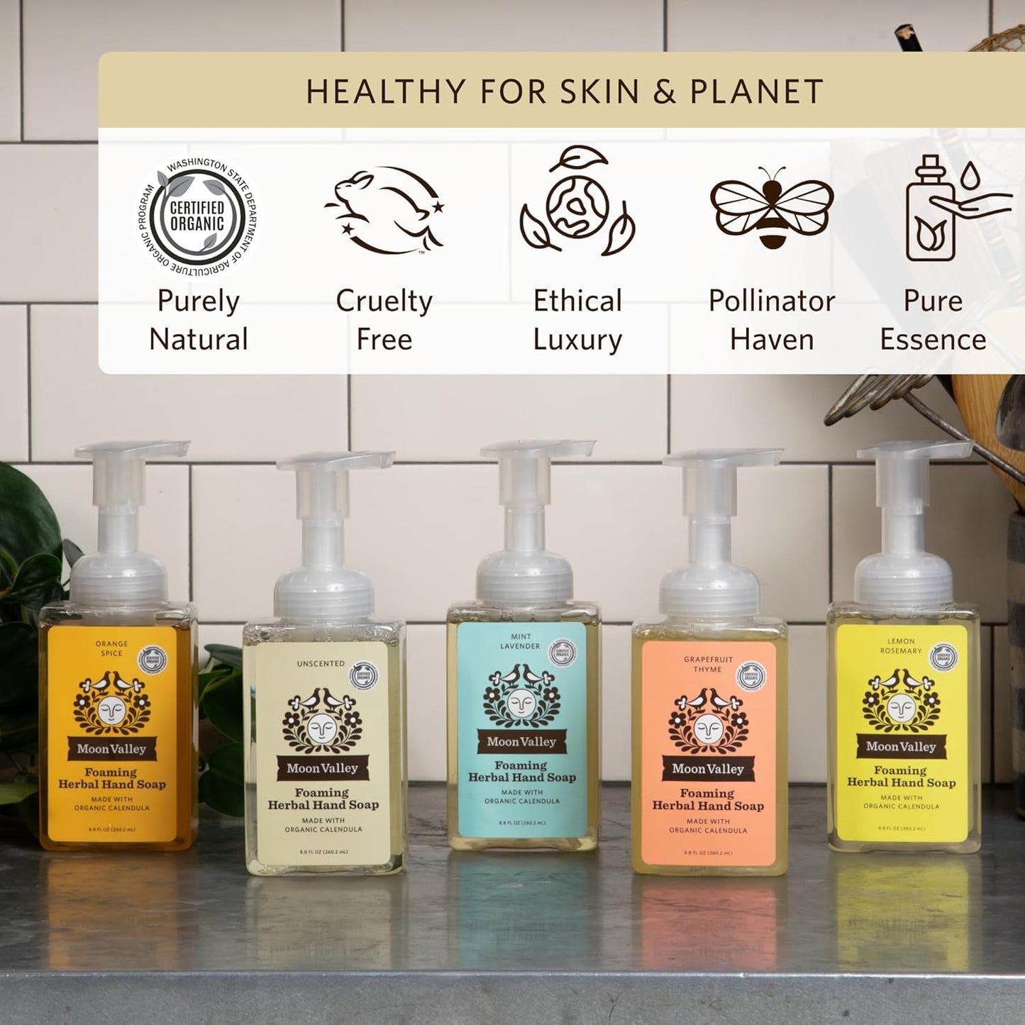 Moon Valley Herbal Foaming Hand Soap, Lemon Rosemary, Mint Lavender, Grapefruit Thyme Three Pack, Vegan, Recyclable Bottle