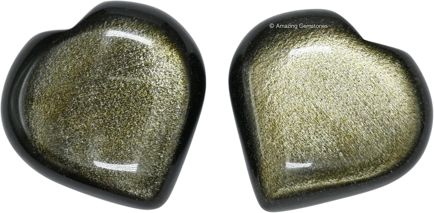 Amazing Gemstone Golden Sheen Obsidian Crystal Heart Palm Stone - Pocket Massage Worry Stone for Natural Body Chakra Balancing, Reiki Healing and Crystal Grid