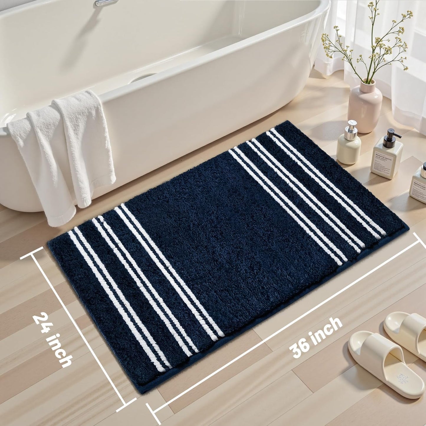 Bathroom Rugs 24x36 Extra Soft Absorbent Bath Mat Chenille Non Slip Shower Mat Rubber Backing Machine Washable Bath Mats for Bathroom Shaggy Blue Bath Rugs for Tub, Hallway