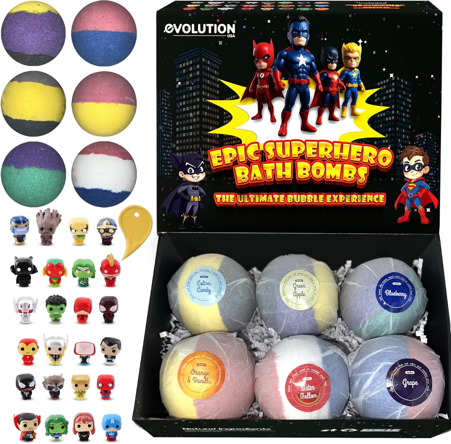 EvolutionUSA Black Epic Superhero Bath Bombs for Kids, 6 Super Hero Bath Bombs with Toy Inside, Lush Childrens Bathbombs, Organic Bathbomb with Surprise Inside, Fizzy Fun Superhero Bath Balls