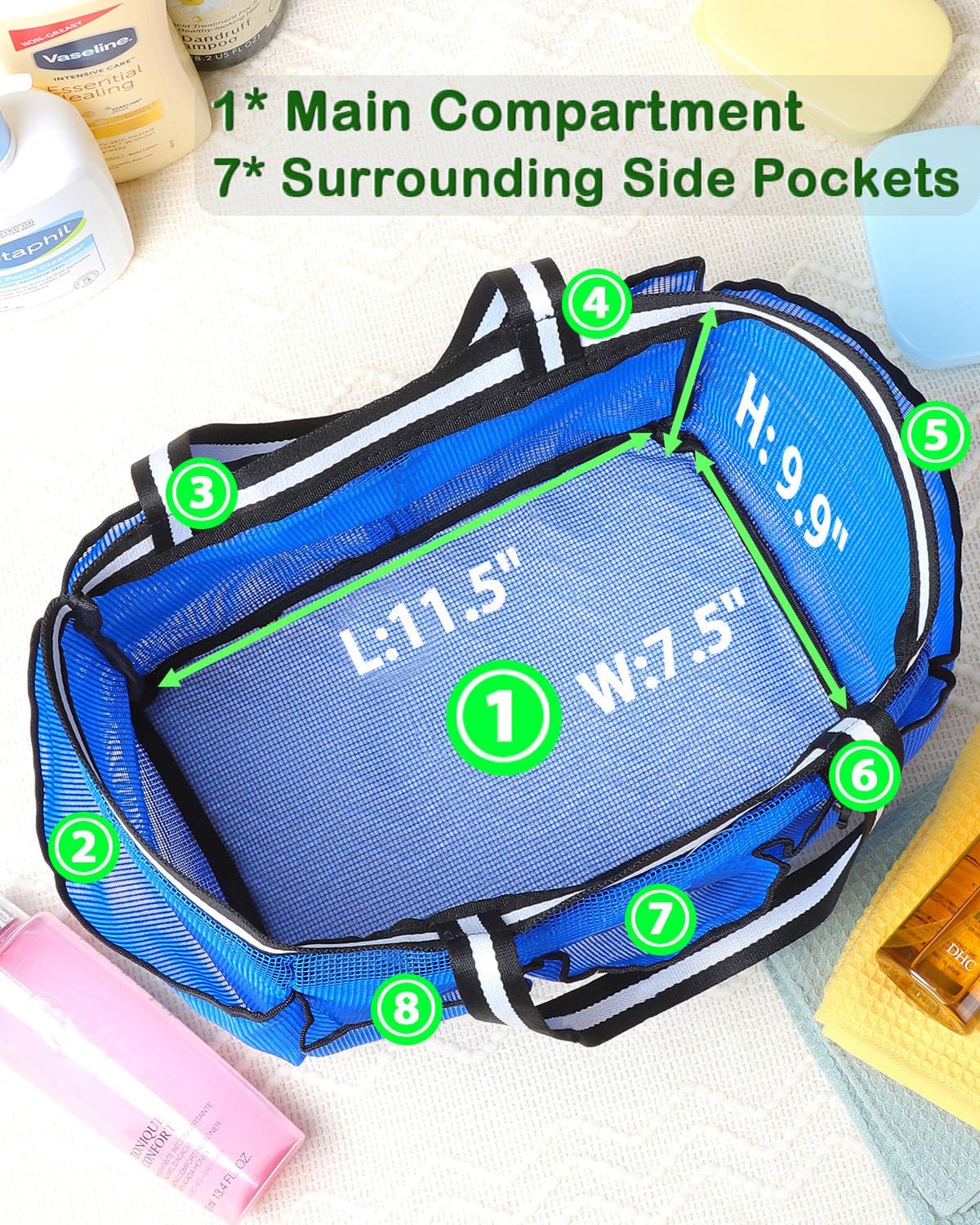 Mesh Shower Caddy Portable Shower Bag for College Dorm Camping Travel Gym(Blue)