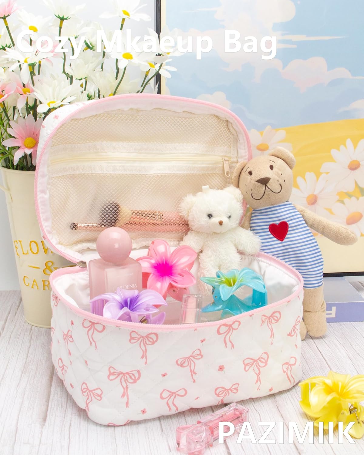 3PCS Makeup Bag SET Large Travel Quilted Zipper Soft Cosmetic Case Pouch for Women Girls Make Up,Bow Pink