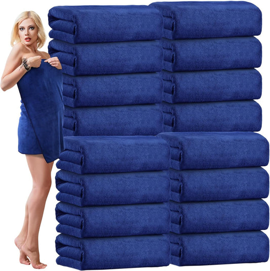 16 Pack Microfiber Bath Towels Bulk 27'' x 60'' Oversized Size Bath Towel Highly Absorbent Extra Large Soft Drying for Shower Beach Salon Winter Sport Spa Gym (Simple,Navy Blue)