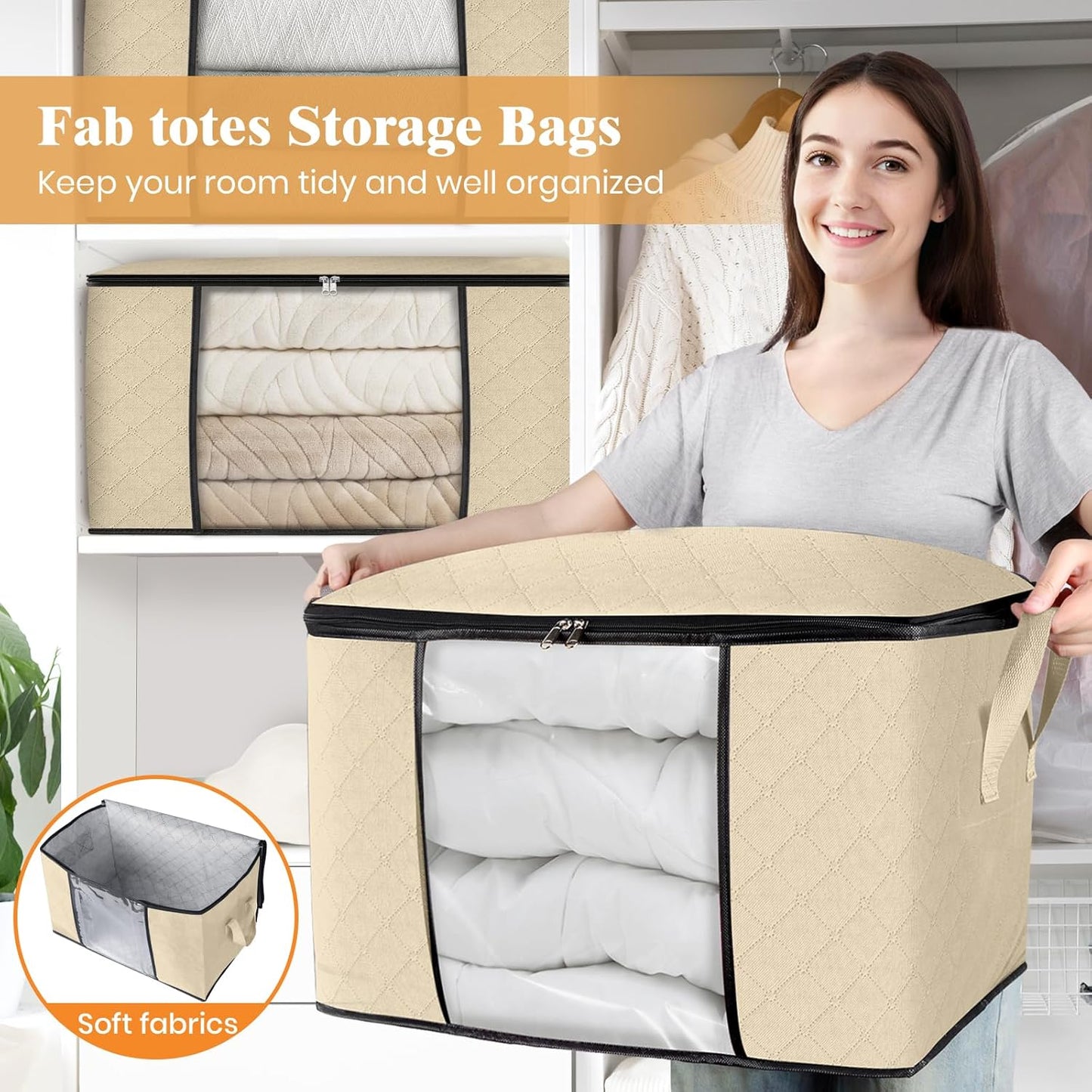 Fab totes 24 Gallons Clothes Storage, Foldable Thick Fabric Blanket Storage Bags, Containers for Organizing Bedroom, Closet, Clothing, Comforter, Organization with Handle (3 Pack,Beige)
