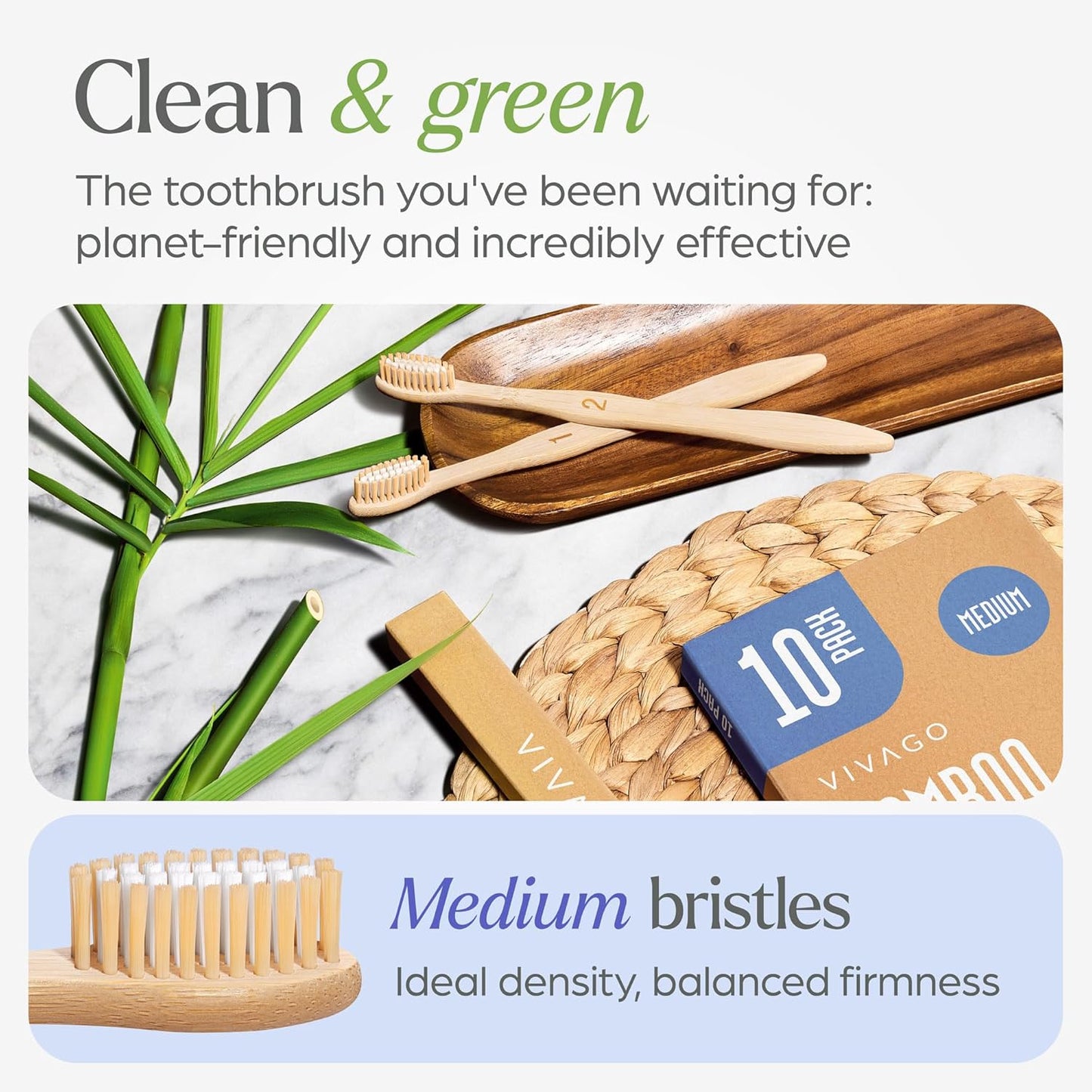 Bamboo Toothbrushes Medium Bristles 50 Pack - BPA Free Medium Bristles Toothbrushes for Adults - Eco-Friendly, Natural Wooden Toothbrush