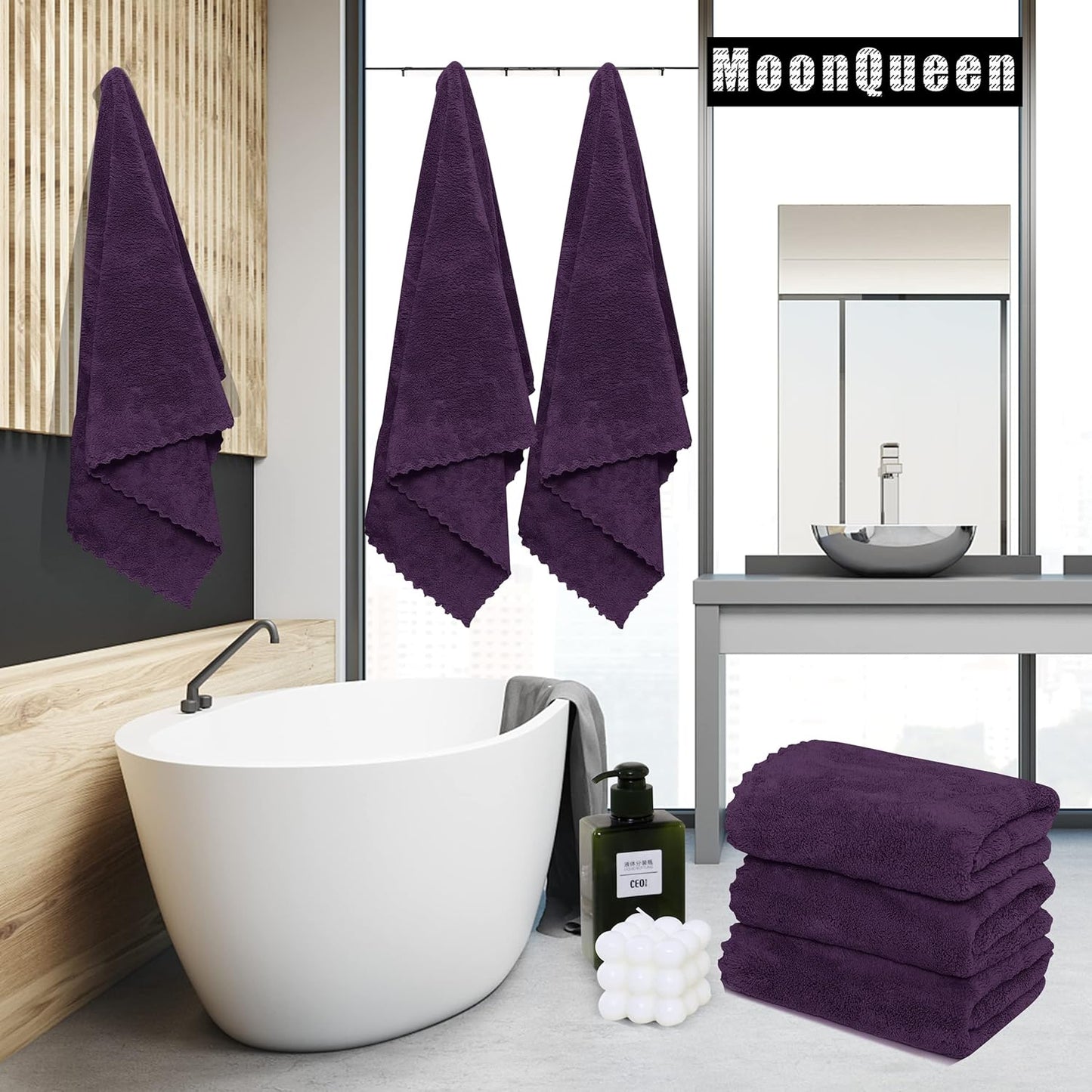 MOONQUEEN 2 Pack Premium Bath Towel Set - Quick Drying - Microfiber Coral Velvet Highly Absorbent Towels - Multipurpose Use as Bath Fitness, Bathroom, Shower, Sports, Yoga Towel (Grape Purple)