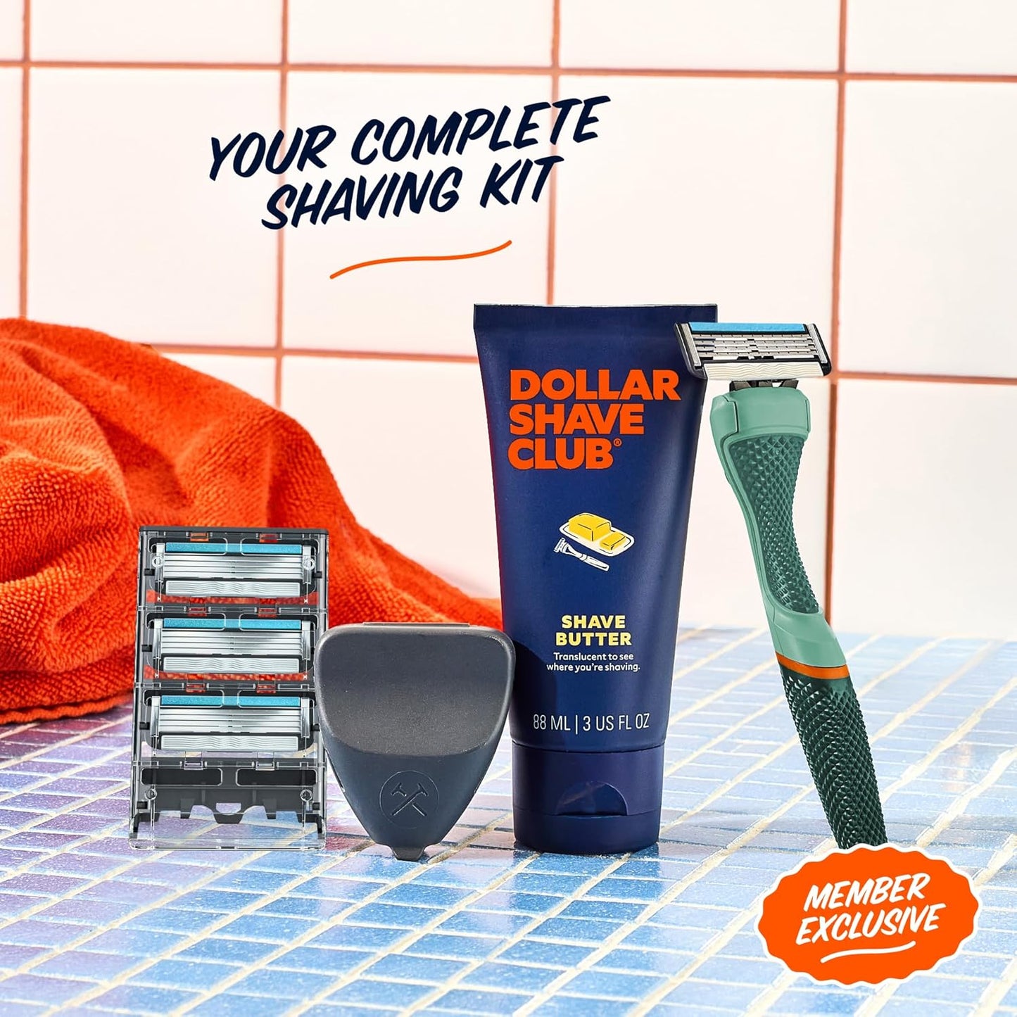 Dollar Shave Club | The Member Exclusive Shave Set | 4 Swift Rinse Refill Cartridges, 1 Handle (Green), 1 Shave Butter 3 ounce, 1 Razor Cover, Razors for Men