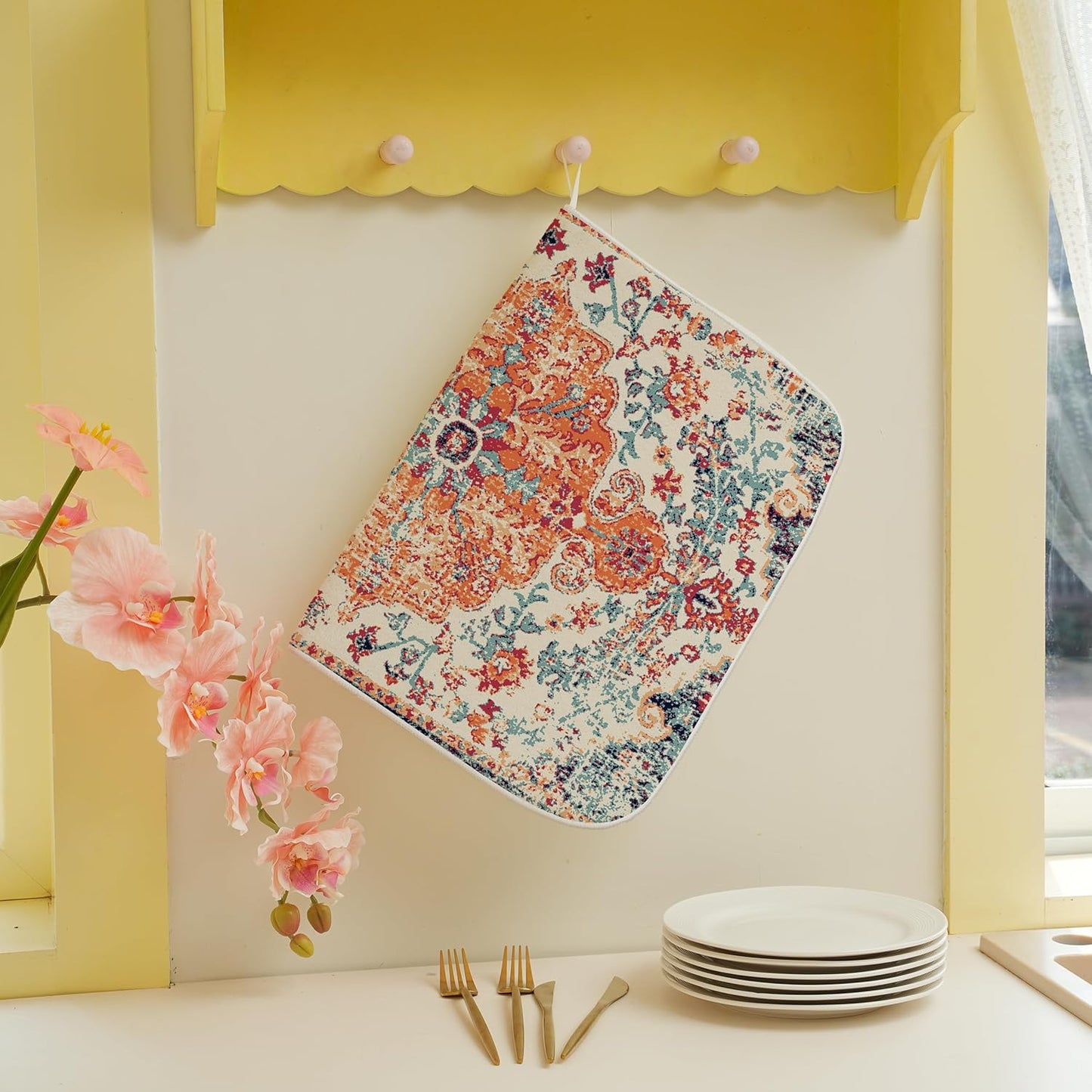 Orange Dish Drying Mat for Kitchen Counter, 18x24 Inch Burn Orange Boho Style Absorbent Dish Drying Pad Heat Resistant Mat Coffee Bar Mat Dish Drainer Rack Mat