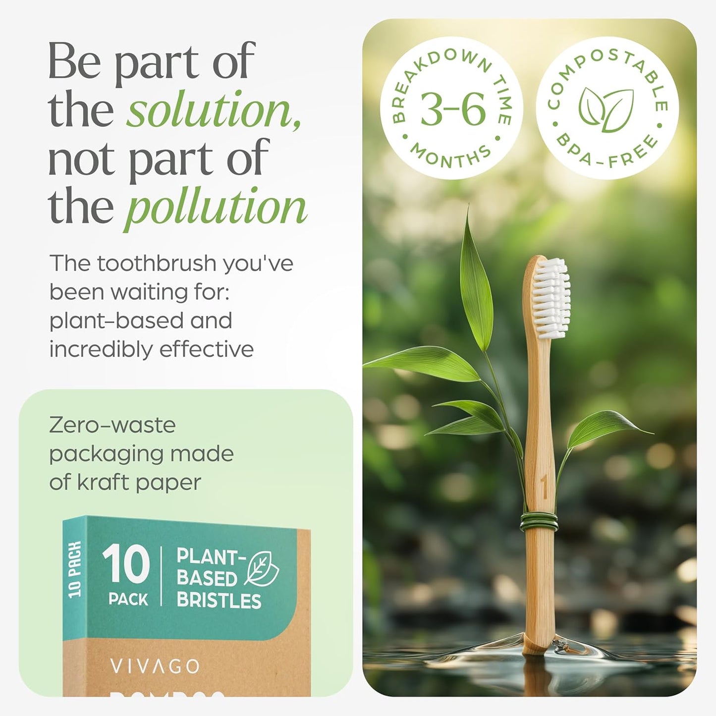 Bamboo Toothbrushes 10 Pack – Natural Toothbrushes, Plant-Based Soft Bristles – Eco-Friendly Wooden Toothbrush