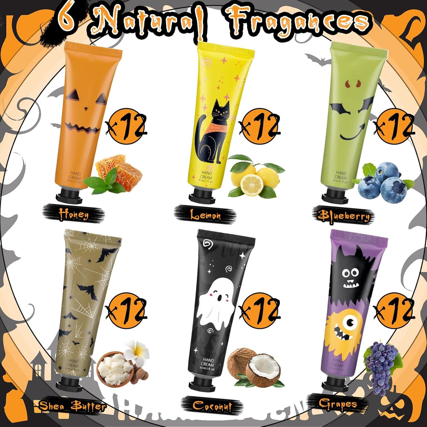 72 Pack Halloween Hand Cream Gift Sets for Women Ghost Mini Hand Lotion Bulk Travel Size Moisturizing Cream Halloween Party Favors Gifts for Stocking Stuffers 6 Natural Plant Fragrances