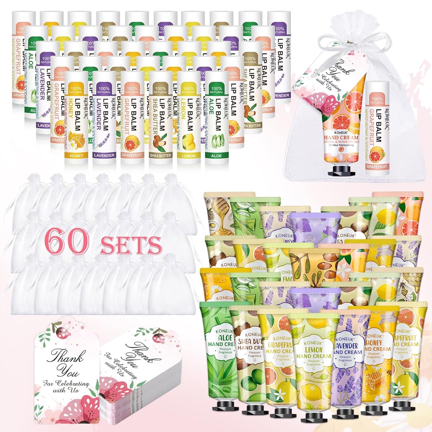 60 Pack Hand Cream Bulk and Lip Balm Bulk Sets, Stocking Stuffers for Women, Christmas Gifts and Bridal Shower Gifts for Guests, Employee Appreciation Gifts, Mom Gifts, Birthday Gifts and Small Gifts