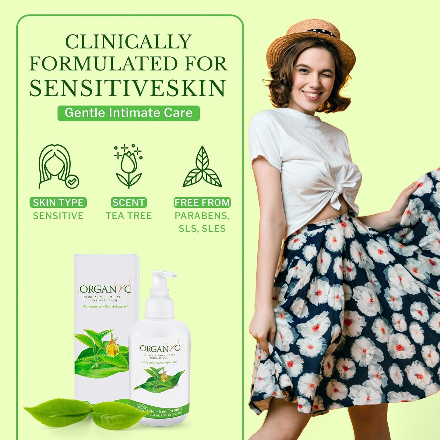 Organic Intimate Wash with Tea Tree Oils & Leaf Extracts, Gentle Cleansing Feminine Wash for Women with Sensitive Skin, Soothing pH Balance Feminine Wash, 8.5 fl oz, Pack of 2