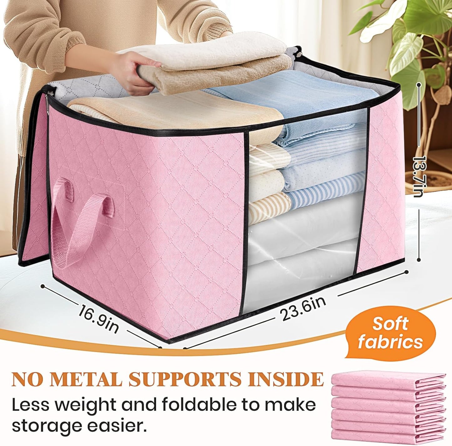 Fab totes 24 Gallons Clothes Storage, Foldable Thick Fabric Blanket Storage Bags, Containers for Organizing Bedroom, Closet, Clothing, Comforter, Organization with Handle (4 Pack,Pink)