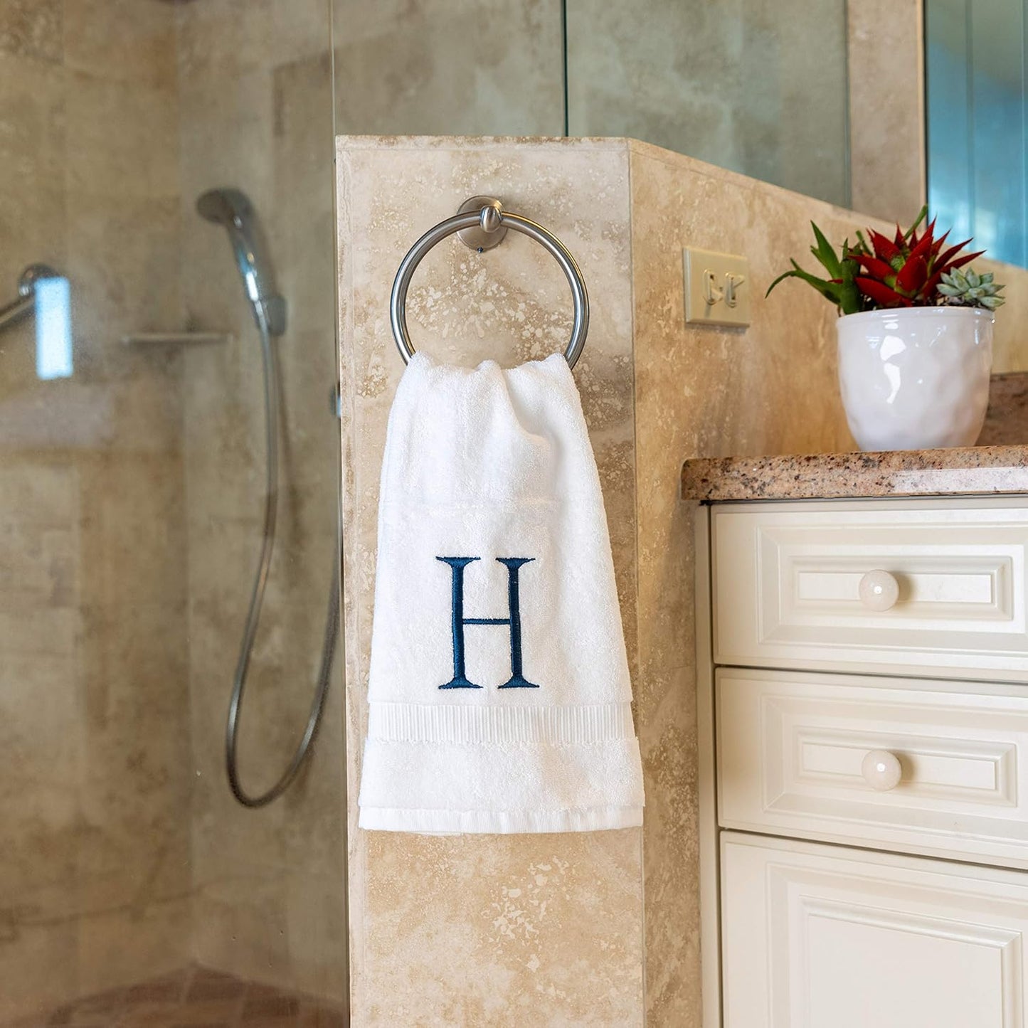 Monogrammed Hand Towels for Bathroom - Luxury Hotel Quality Personalized Initial Decorative Embroidered Bath Towel for Powder Room, Spa - GOTS Organic Certified - Set of 2 Navy Letter H