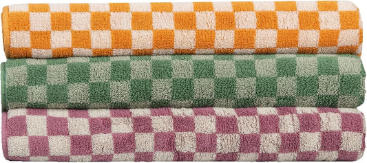 Checkered Bath Towel Set of 3, 100% Cotton Bath Towels Large, 520GSM, 55.12"*27.56", Luxury Shower Towels for Bathroom, Soft Absorbent Quick-Dry（Orange+Dark Green+Pink）