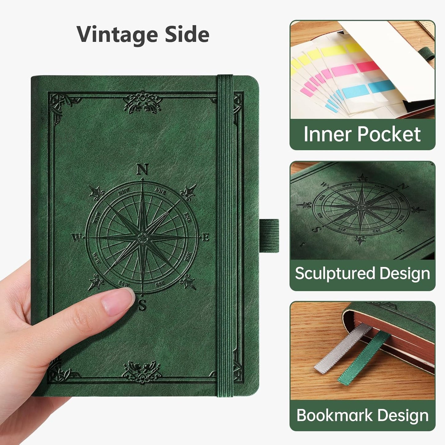AHGXG Small Blank Pocket Journal Notebook for Men - 256 Numbered Pages B6 Mini Journal, Vintage Soft Leather Hardcover, 80gsm Paper, for Women Work Office School, 4.1'' X 5.7''- Dark Green