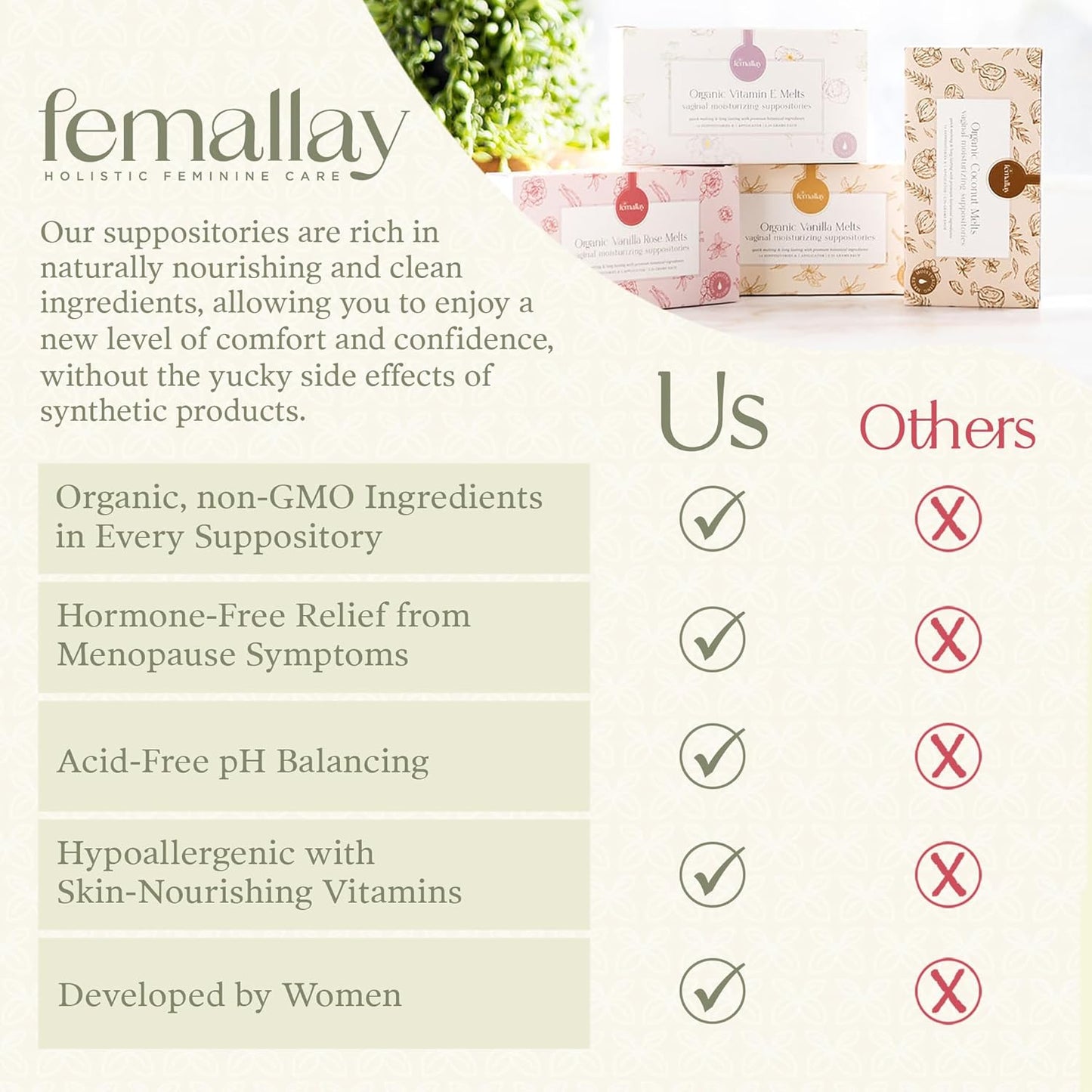 Femallay Organic Vitamin E Vaginal Moisturizing Suppository Melts - 3 Pack - Relief for Menopause Dryness & Irritation - 14 Count + Applicator