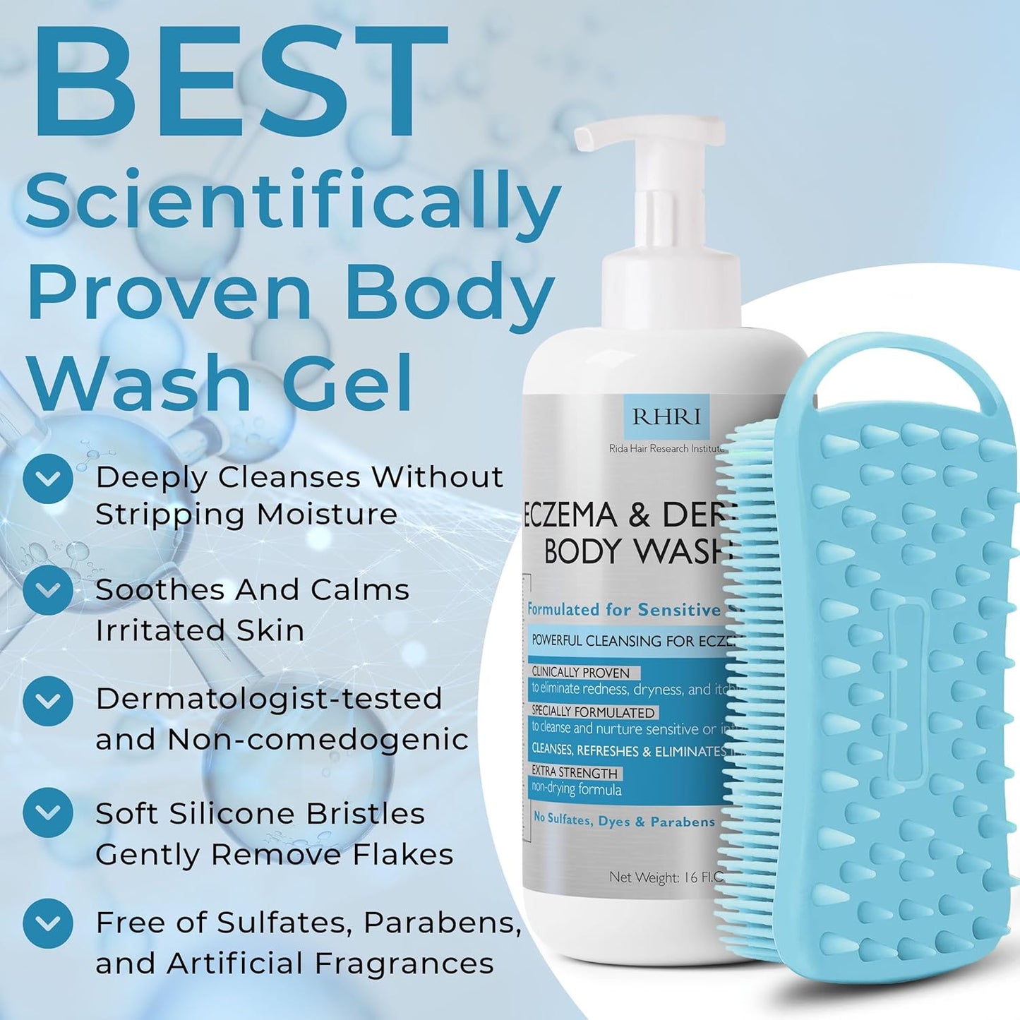 Eczema Body Wash | Eczema Treatment | Gel Cleanser For Eczema Prone Skin | Soothes Dryness & Itching, Gentle On Eczema & Dermatitis, Sulfate-Free With A Free Scrubber Brush