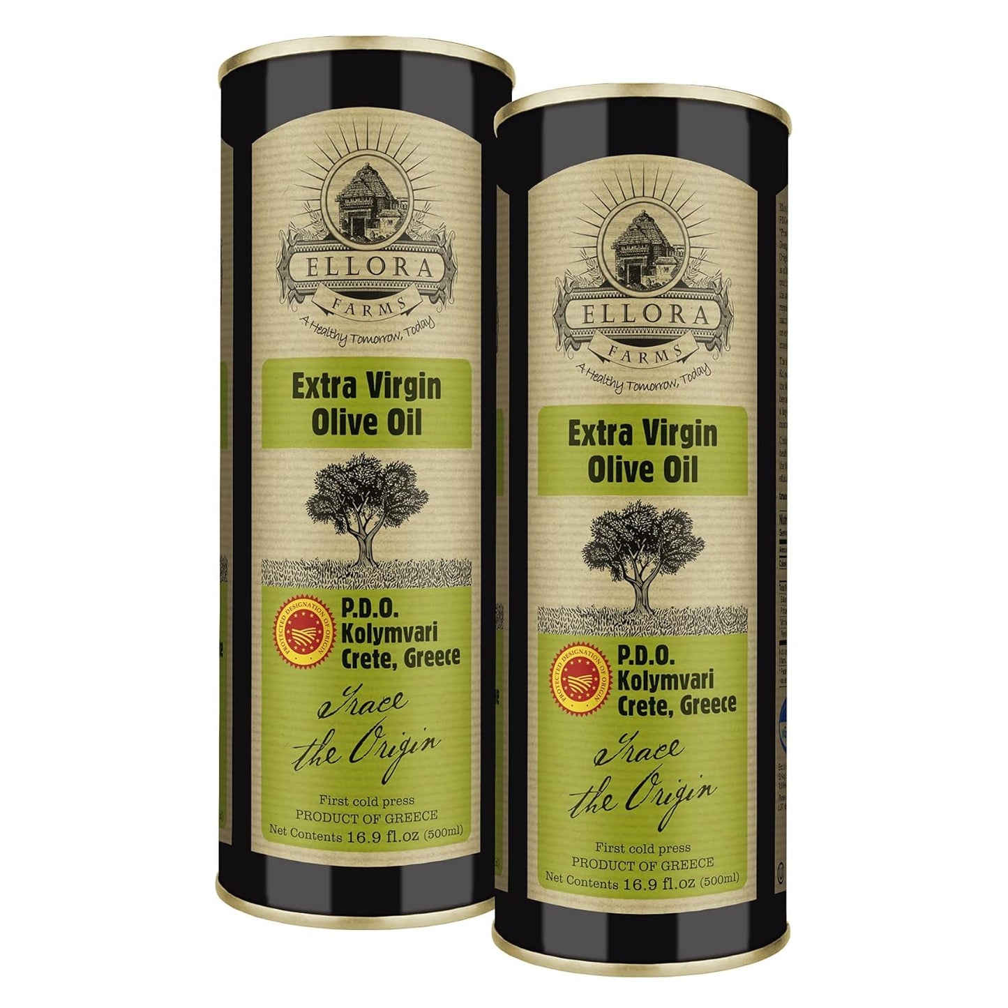 Ellora Farms, Single Estate Extra Virgin Olive Oil, PDO Crete, Greece, Traceable Olive oil, Kosher, 17 oz. Tin, Pack of 2