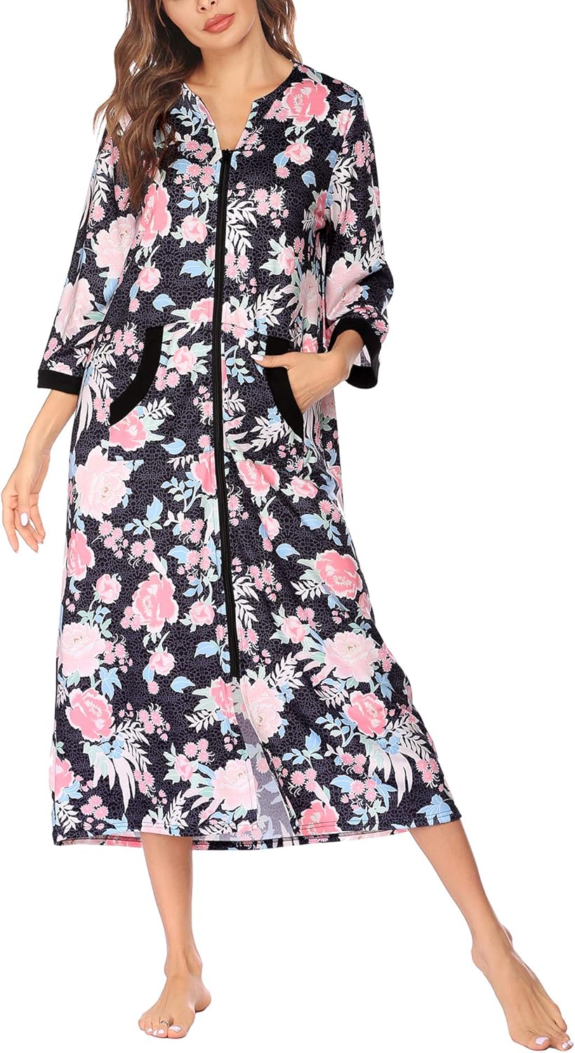 Ekouaer Women Zipper Robe 3/4 Sleeves Loungewear Dress Full Length Sleepwear Pockets Housecoat Nightgown Long Bathrobe