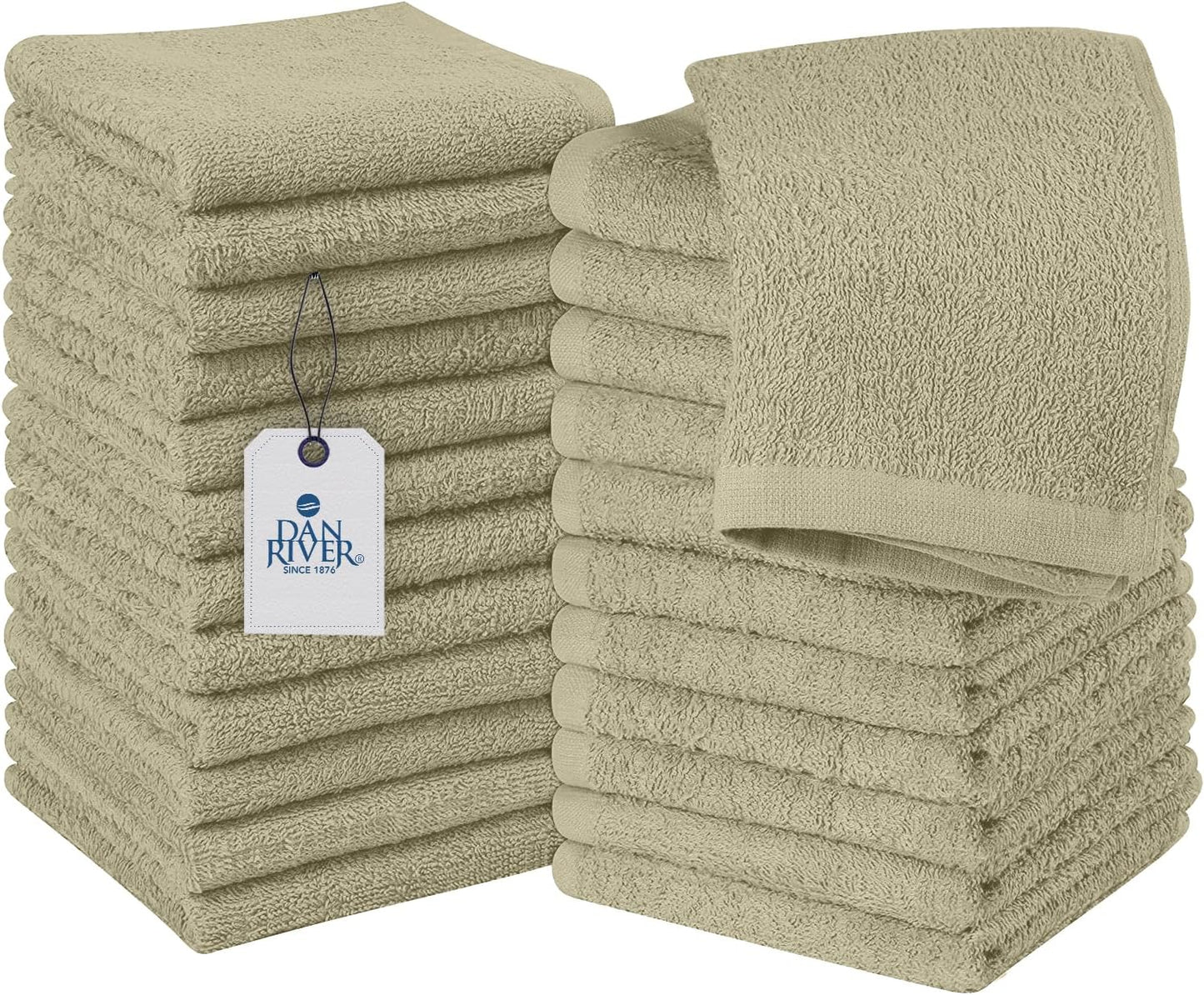 DAN RIVER 100% Cotton Wash Cloths 24 Pack [12x12] Soft & Absorbent face Cloth, Gym, Hotels & Spa Perfect for Everyday Use Fingertip Towels, Beige